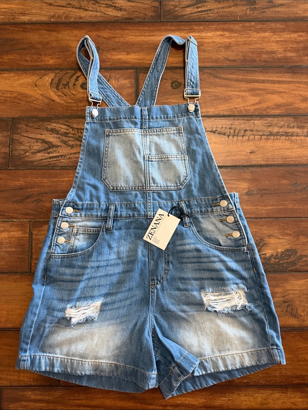 ZENANA New With Tags Distressed Denim Short Overalls